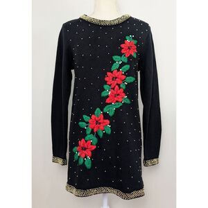 Womens Christmas Sweater Small Embellished Poinsettia Beaded Embroidered NWOT